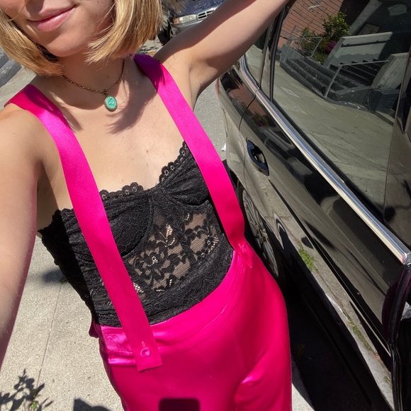 dMn Paris Pink Silk Overall Wide Leg High Rise Pants Size 34 - Picture 2 of 5